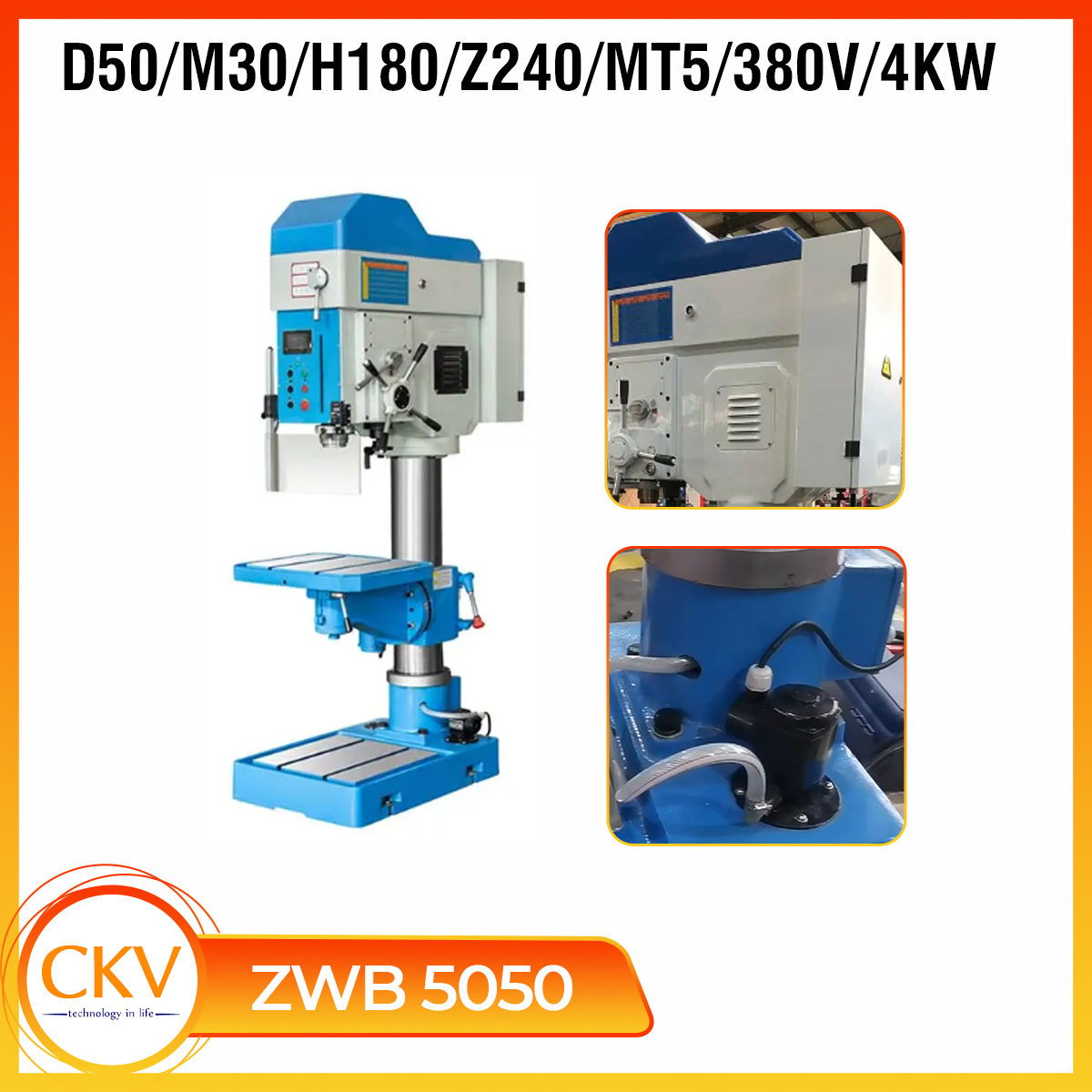Máy khoan & taro đứng hộp số tự động ZWB5050 - D50/M30/H180/Z240/MT5/380V/4KW
